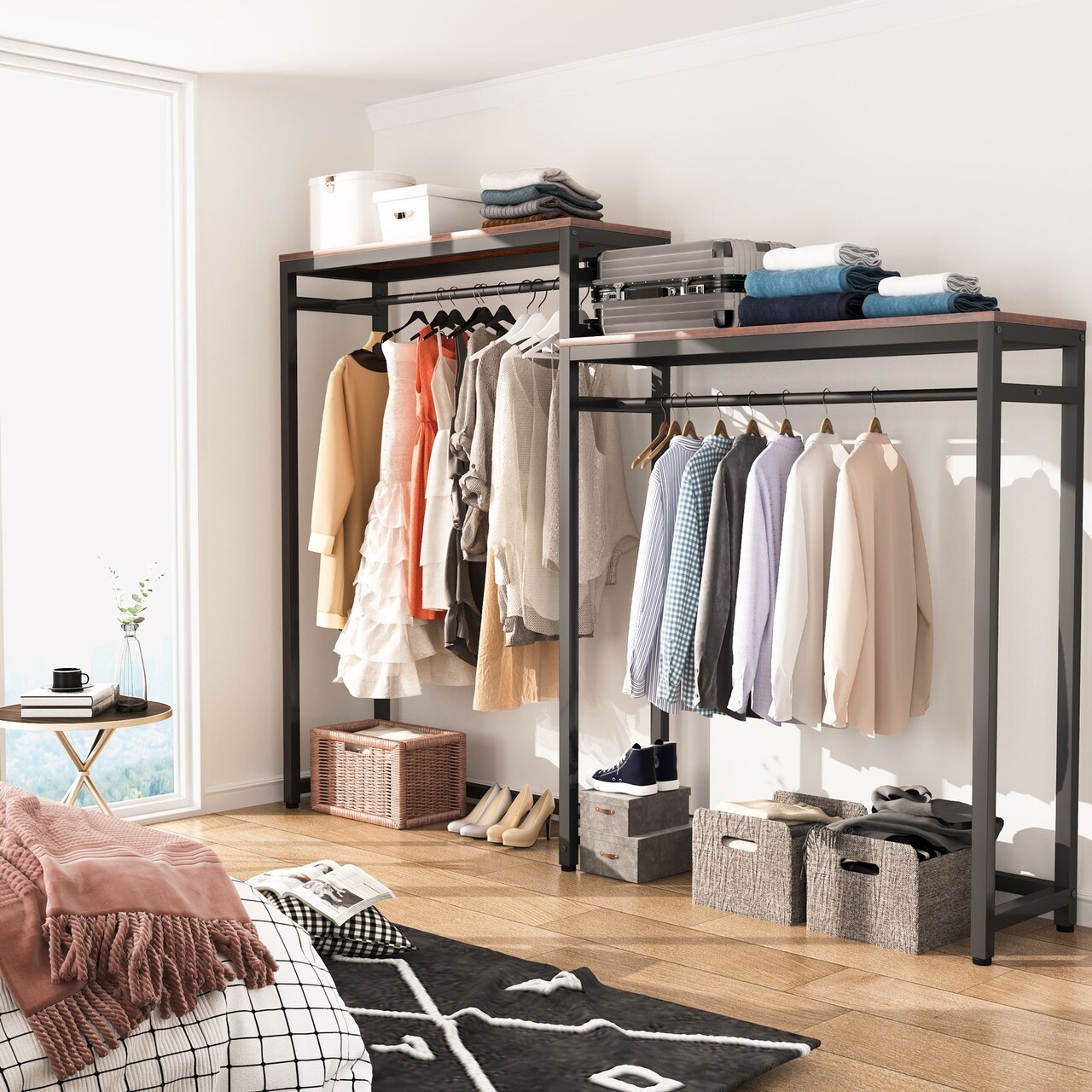 Tribesigns   Free Standing Closet Organizer Clothes Garment Racks with Storage Shelves and Double Hanging Rod Heavy Duty